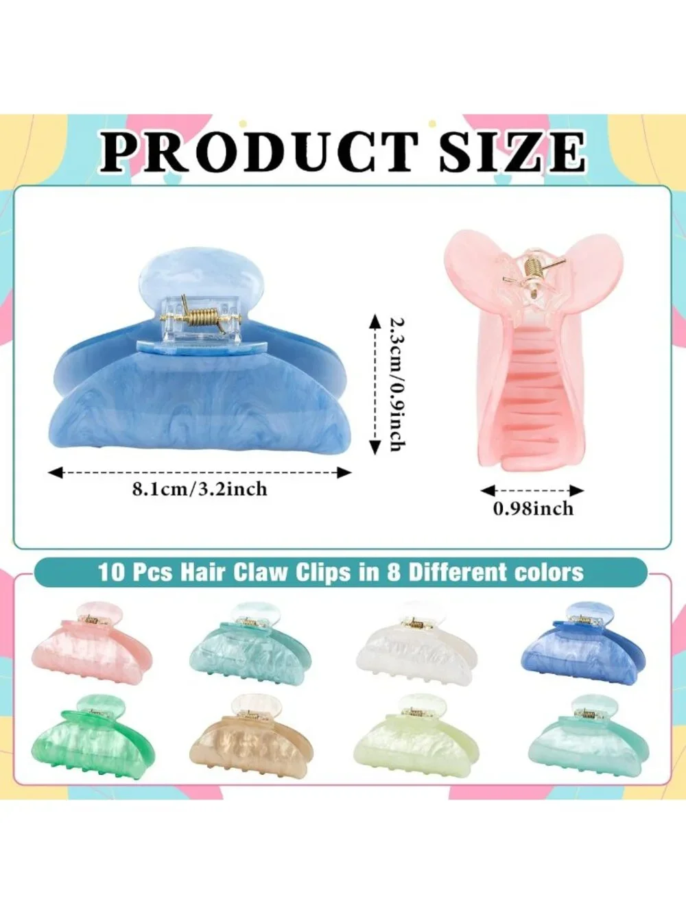 10pcs Colorful Acrylic Hair Claw Clips - Large Cute Fashion Accessories for